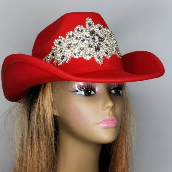 Women's Luxurious Sparkling Rhinestone Cowboy Hat - Red - Picture 2 of 3